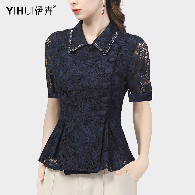 蕾丝衫短袖设计感重工钉珠洋气衬衫 伊卉蕾丝衫/雪纺衫