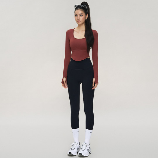 DCW带胸垫瑜伽长袖女紧身显瘦健身上衣跑步普拉提训练方领运动t恤