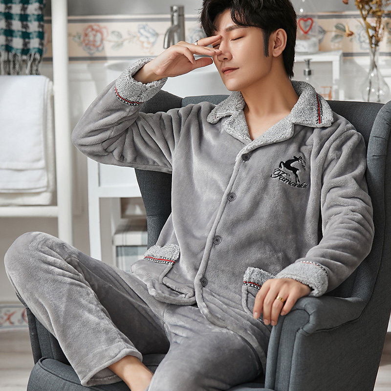 男士秋冬季珊瑚绒加绒款青年睡衣 法曼莱睡衣/家居服套装