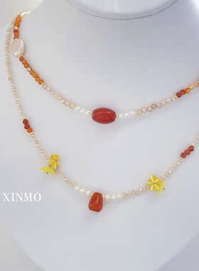 桂花树下 东方古韵红玛瑙珍珠项链 蝶贝花朵 新中式 古风 国风