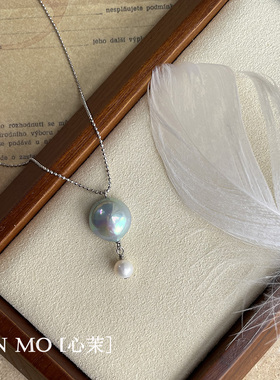 百元内饰品｜原创《蓝气球》飘向远方银蓝色油画马贝珍珠项链