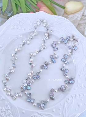 灰加白加灰 灰蓝紫色花瓣珍珠项链 巴洛克珍珠 花瓣珍珠 天然珍珠