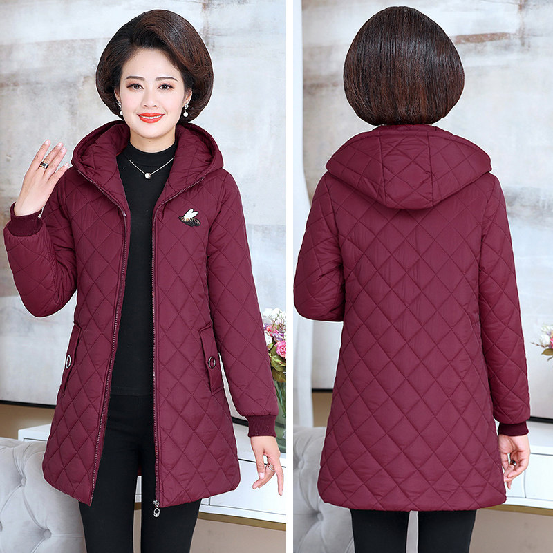 中老年女装中长款连帽冬季加绒棉衣 宝铃兰中老年女装