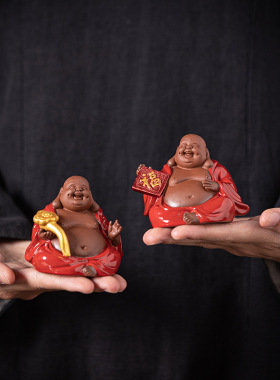 陶瓷弥勒佛像摆件小号大肚笑佛工艺品装饰禅意中式家茶室茶桌摆设