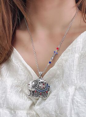 国潮复古吉象如意项链女士原创设计大象烧蓝吊坠民族风毛衣链