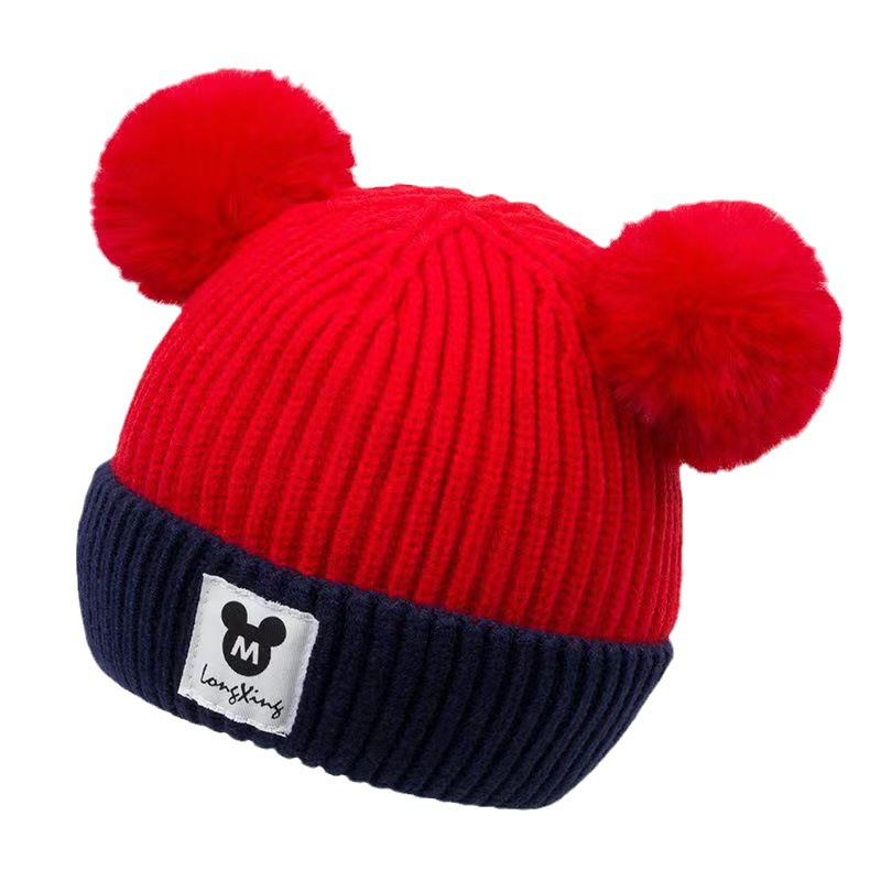 婴儿帽子毛线针织帽男女宝宝帽子秋冬季保暖可爱毛球小熊儿童帽