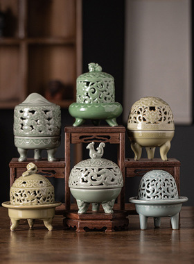 古典国风陶瓷三足盘香炉家用室内檀沉香薰炉中式禅意雅室熏香摆件