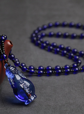 黄色琉璃水晶楞严咒吊坠葫芦宝瓶挂件男女项链经文车挂