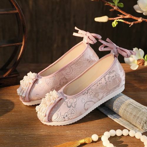 中国风汉服鞋女搭配旗袍大码绣花布鞋古装表演鞋明制内增高古风鞋 - 图0