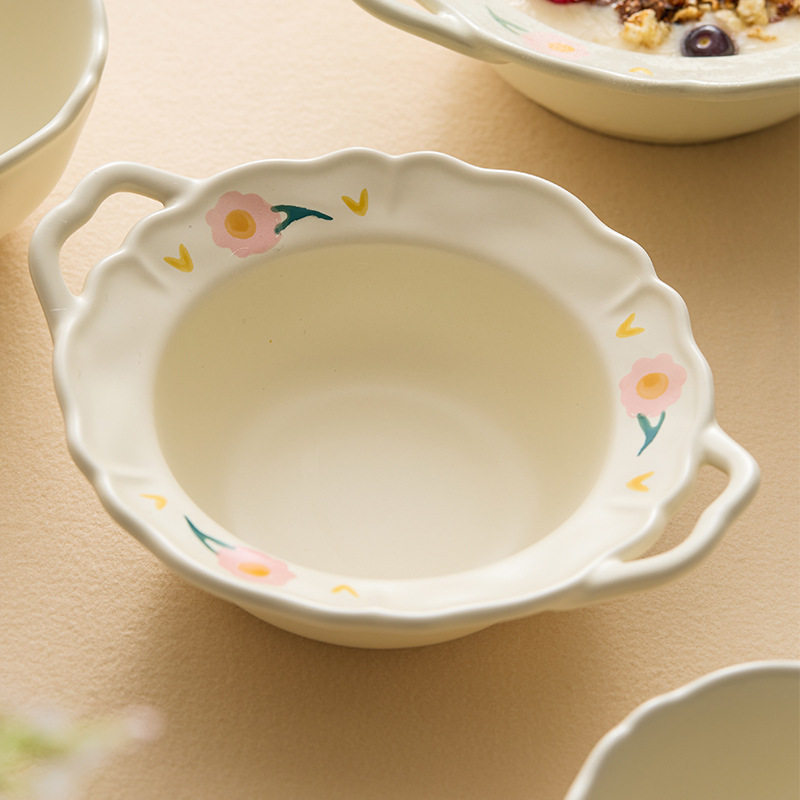 芍药花边陶瓷碗盘餐具米饭碗双耳汤碗家用早餐酸奶碗高颜值沙拉碗,淘宝优惠券,粉丝福利购,淘宝优惠卷