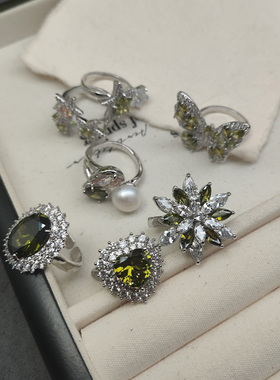 蝴蝶爱心橄榄绿彩色锆石戒指指环