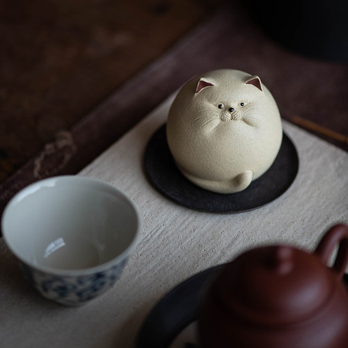 宜兴紫砂茶宠 摆件 盖置 小雕塑 可爱把玩件 胖猫 礼物礼品装饰品 - 图2