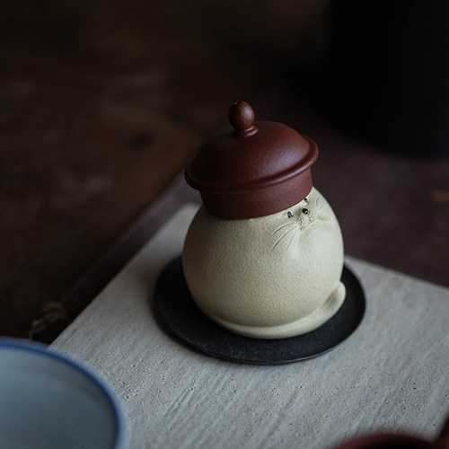 宜兴紫砂茶宠 摆件 盖置 小雕塑 可爱把玩件 胖猫 礼物礼品装饰品 - 图0