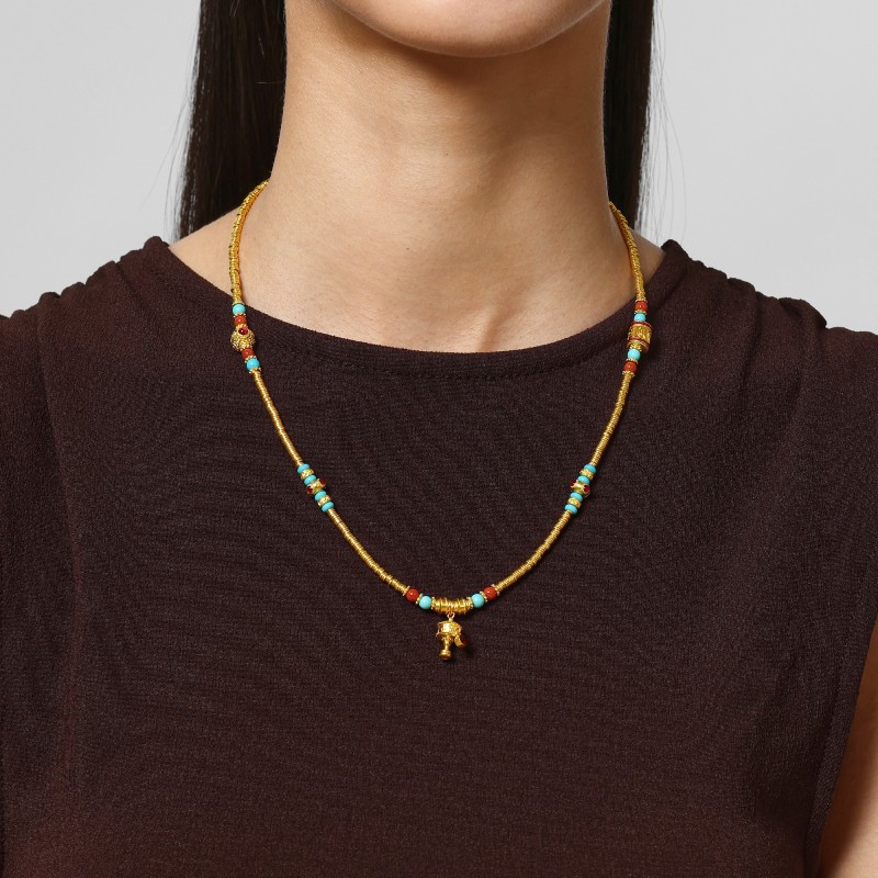 周生生东方古祖红玉髓绿松石六字大明咒古法黄金项链手串96125N - 图0