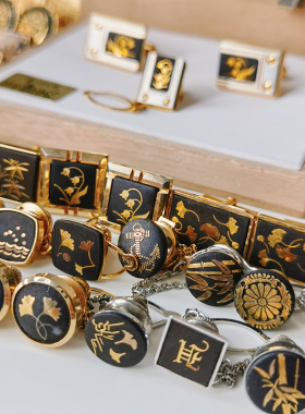 中古西班牙大马士革袖扣领针锻锦嵌金工镶嵌复古传统手工肥后象嵌