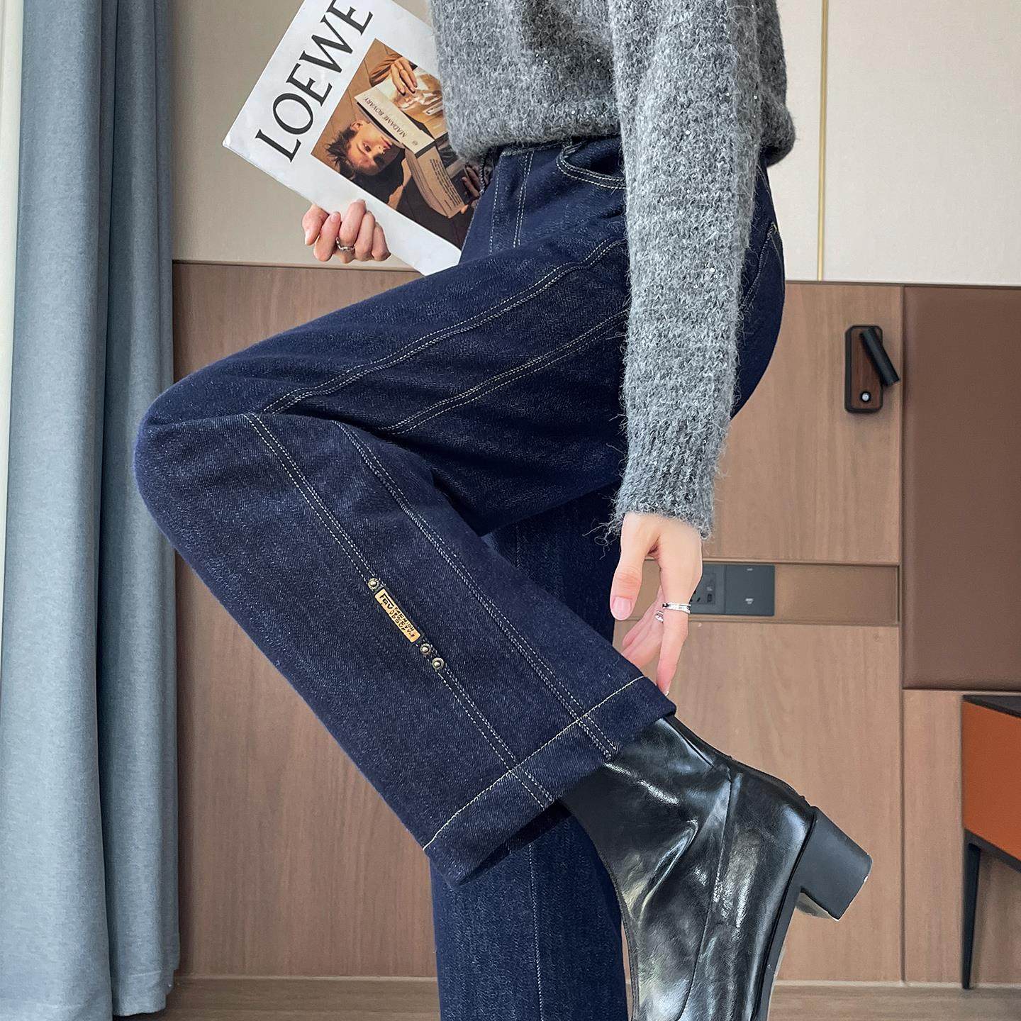 九分牛仔羽绒阔腿裤女冬外穿2025新款高腰加绒保暖小个子直筒棉裤,淘宝优惠券,粉丝福利购,淘宝优惠卷