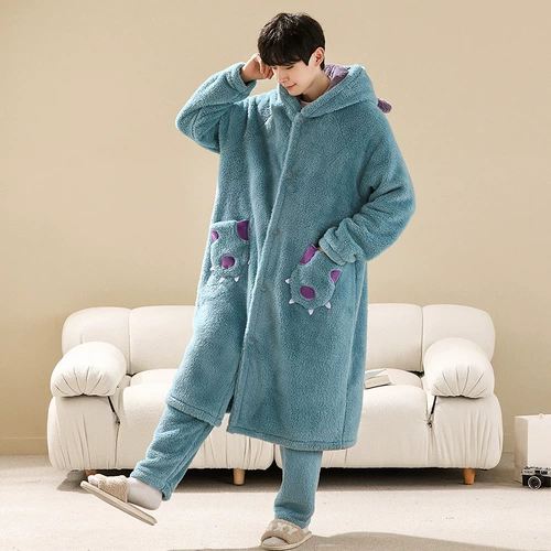 Монстр, демисезонный коралловый бархатный банный халат, демисезонная длинная фланелевая пижама, комплект, длина макси, увеличенная толщина