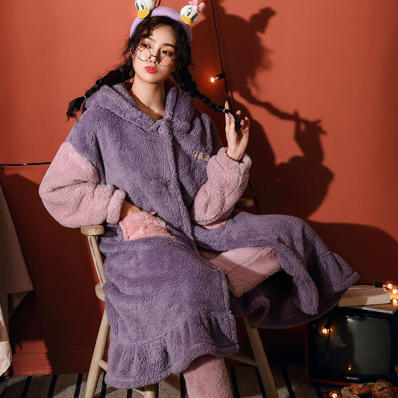 珊瑚绒情侣睡衣套装加绒保暖浴袍 muzihome睡衣/家居服套装