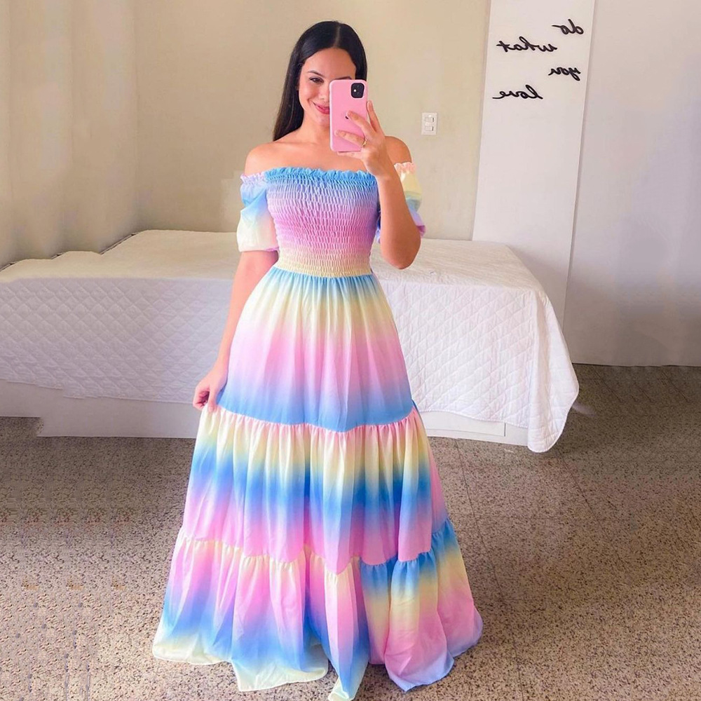 floral off shoulder long skirt summer dress women欧美连衣裙-图1