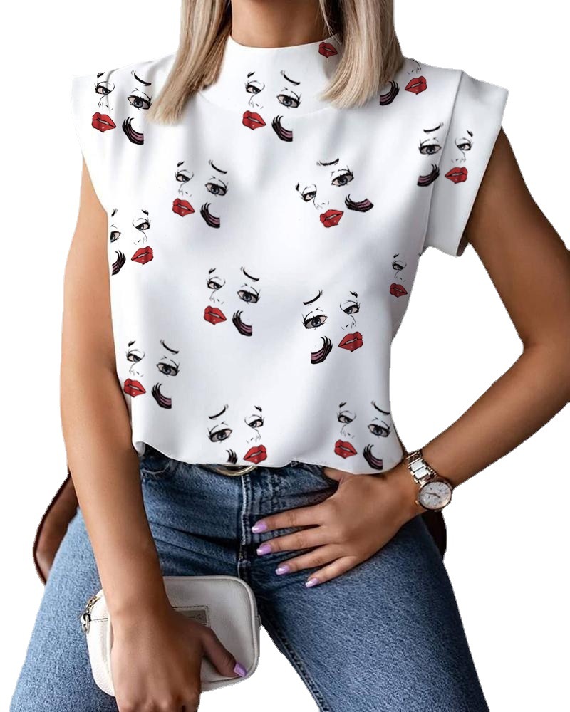 Summer simple stand collar printed ladies shirt tops women - 图3