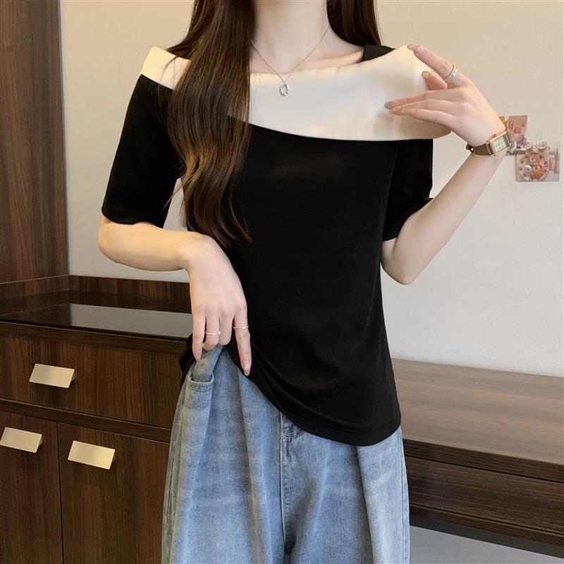 大码法式一字肩短款上衣胖mm遮肚显瘦撞色冰丝针织短袖t恤女夏季 - 图1