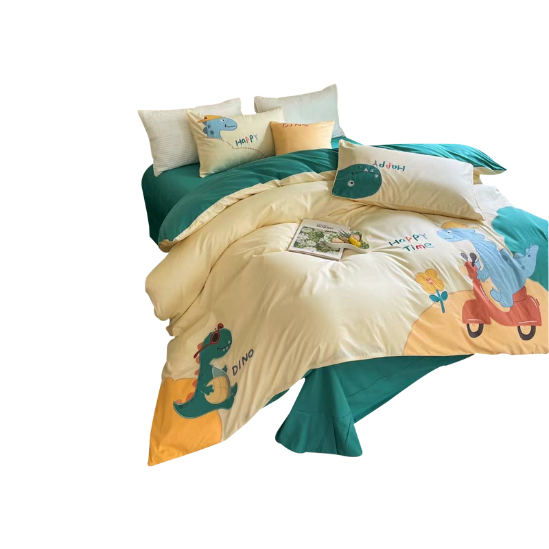 恐龙尤克刺绣全棉儿童四件套纯棉床上用品卡通可爱男孩床单被套 - 图3