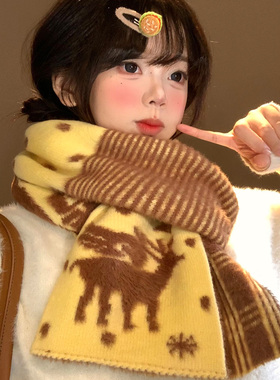 格子小鹿提花黄色针织围巾女秋冬
