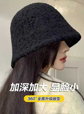 黑色羊羔毛绒渔夫帽女秋冬大头围