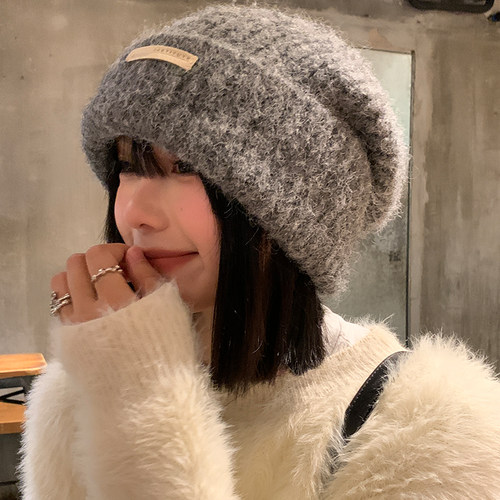 灰色毛线帽女秋冬季宽松大头围毛绒针织堆堆帽显脸小保暖羊毛帽子 - 图0