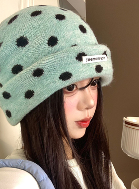 蓝色波点针织帽女秋冬季韩版百搭