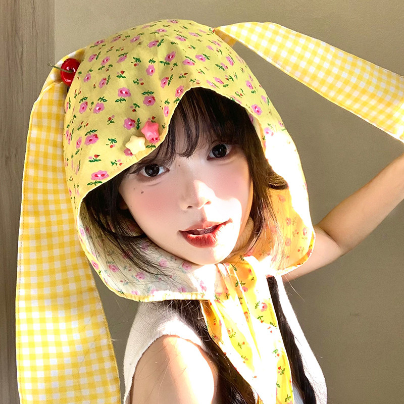 可爱樱桃碎花兔耳朵绑带头巾帽子女春夏季小众显脸小套头包头帽子,淘宝优惠券,粉丝福利购,淘宝优惠卷
