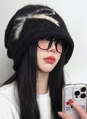 蝴蝶结黑色堆堆帽女秋冬季复古