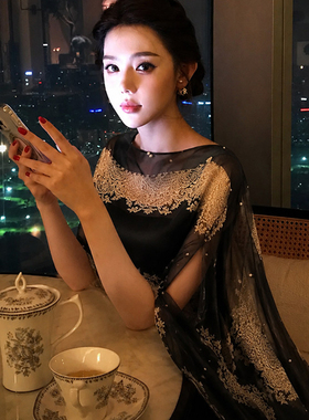雪纺印花黑色披肩女外搭2026新款