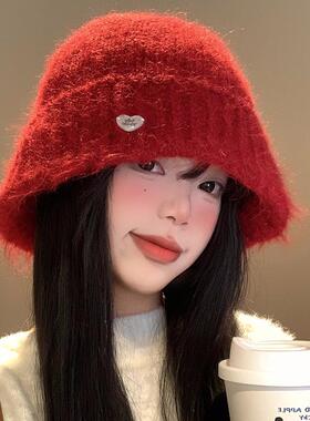 红色针织渔夫帽女秋冬季新年