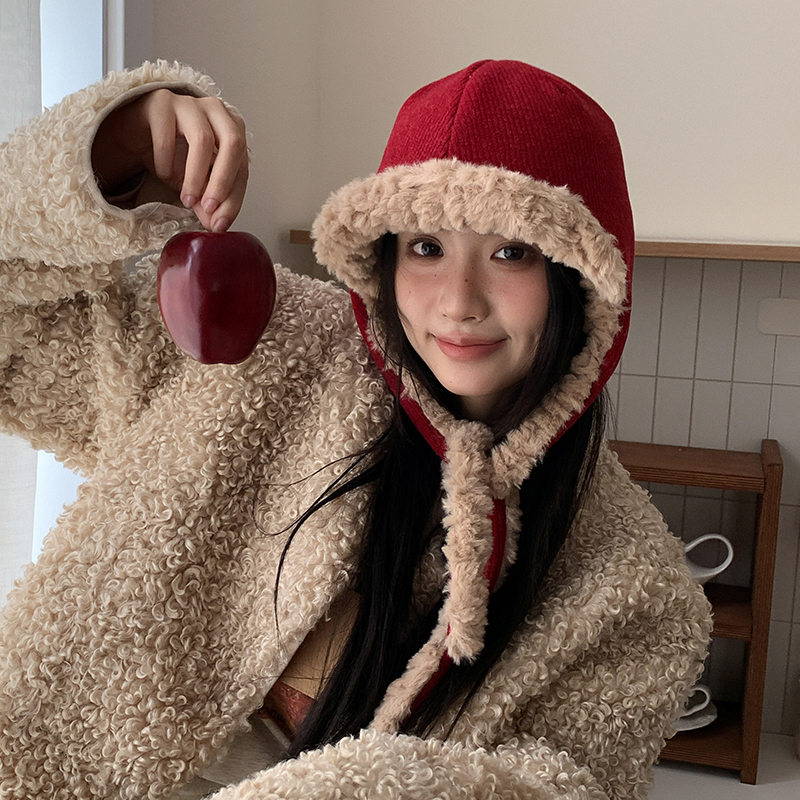 安可拉红雷锋帽女秋冬季保暖显脸小绑带毛绒帽加厚防寒护耳帽子