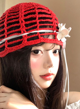 红色手工钩织花朵镂空包头帽女夏