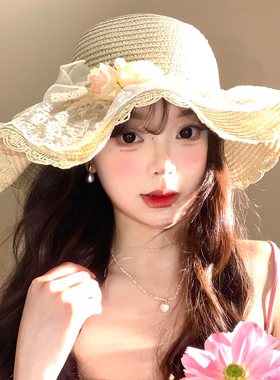 蕾丝花朵蝴蝶结草帽女夏季大帽檐
