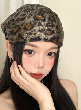 千禧辣妹风豹纹头巾帽子个性小众