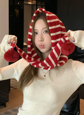 红色条纹球球三角围巾韩系披肩