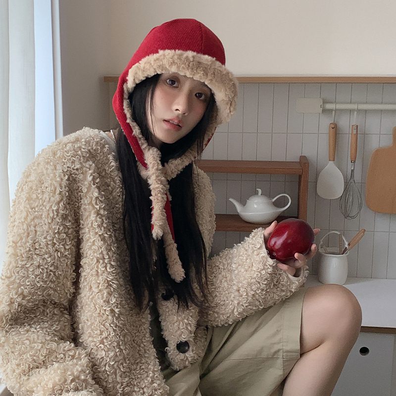 安可拉红雷锋帽女秋冬季保暖显脸小绑带毛绒帽加厚防寒护耳帽子
