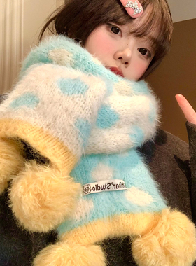 蓝色波点毛球针织围巾女生冬季