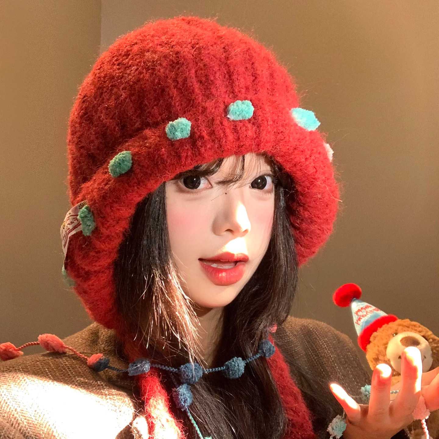 毛球流苏系带红色针织护耳帽女冬季显脸小毛线帽保暖防寒套头帽子,淘宝优惠券,粉丝福利购,淘宝优惠卷