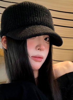 黑色平顶针织鸭舌帽女韩版百搭