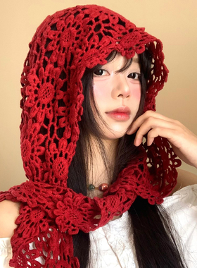 红色手工钩花镂空包头帽女夏季