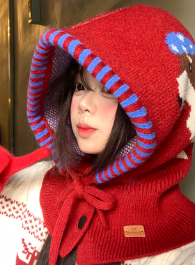 可爱小狗红色针织巴拉克拉法帽女