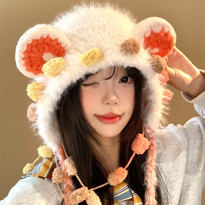 流苏小熊耳朵毛绒针织护耳帽女冬季可爱显脸小毛线帽保暖雷锋帽子 - 图2