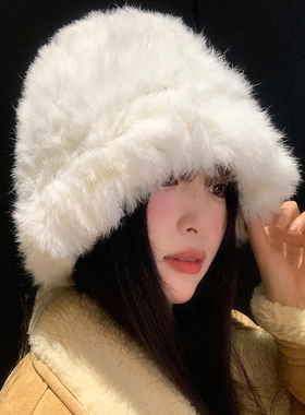 白色兔毛针织渔夫帽女冬季