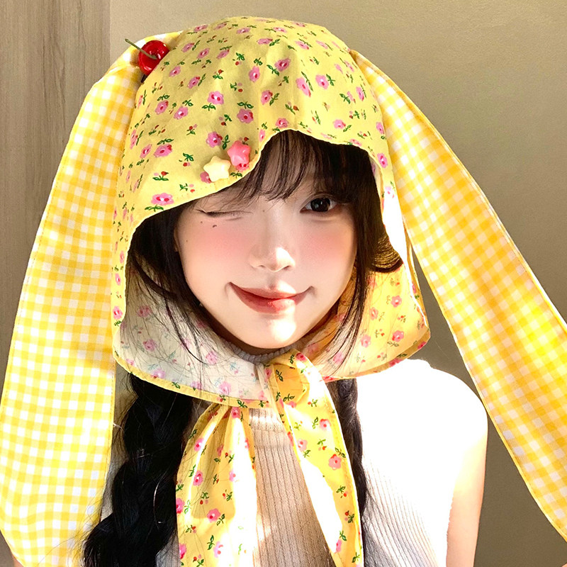 可爱樱桃碎花兔耳朵绑带头巾帽子女春夏季小众显脸小套头包头帽子,淘宝优惠券,粉丝福利购,淘宝优惠卷
