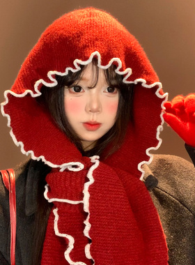 红色花边针织帽子围巾一体女秋冬
