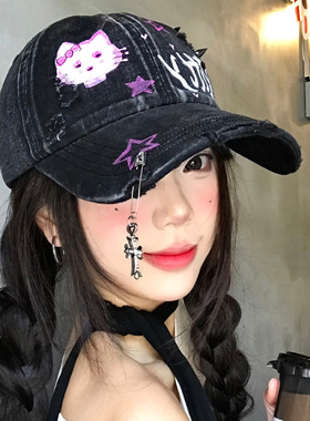 Kitty涂鸦水洗牛仔棒球帽y2k甜酷